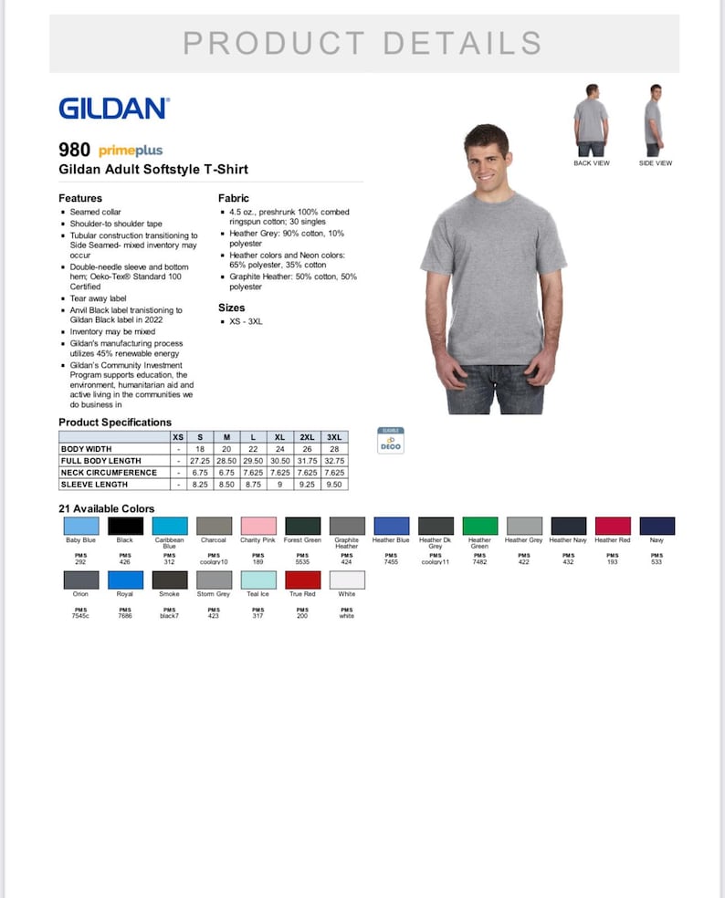 May include: A heather grey Gildan Adult Softstyle T-Shirt, with details on features, fabric, and sizes (XS-3XL). The image includes a model wearing the t-shirt and a list of available colours.