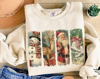 Retro Christmas Printed Sweatshirt, Santa, Ice Skates, Deer and a Snowman Printed Hoodie