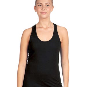 May include: A black racerback vest with a scoop neck. The vest is made of a soft material and has a fitted silhouette. The image is set against a white background.