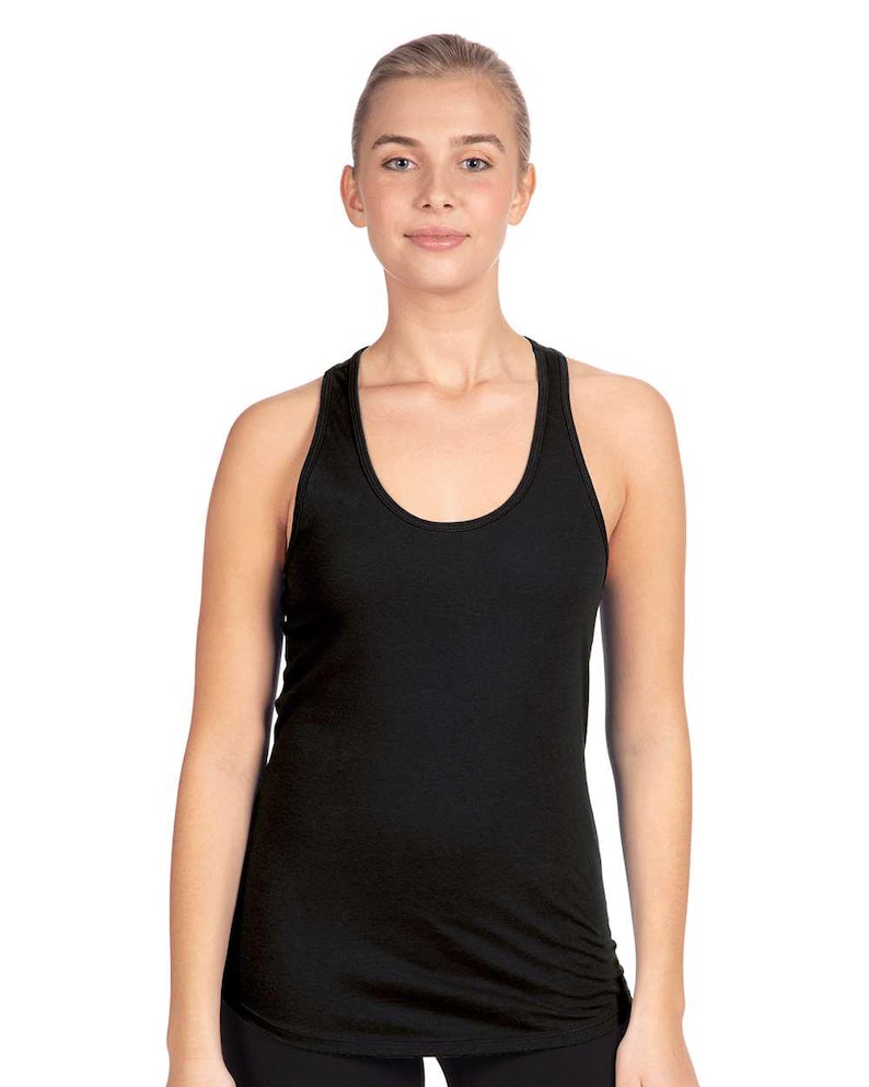 May include: A black racerback vest with a scoop neck. The vest is made of a soft material and has a fitted silhouette. The image is set against a white background.