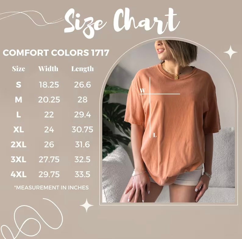 K&ouml;nnte beinhalten: Gr&ouml;&szlig;entabelle f&uuml;r ein T-Shirt in den Gr&ouml;&szlig;en S bis 4XL. Die Tabelle zeigt die Breite und L&auml;nge in Zoll f&uuml;r jede Gr&ouml;&szlig;e. COMFORT COLORS 1717 ist oben auf der Tabelle gedruckt.