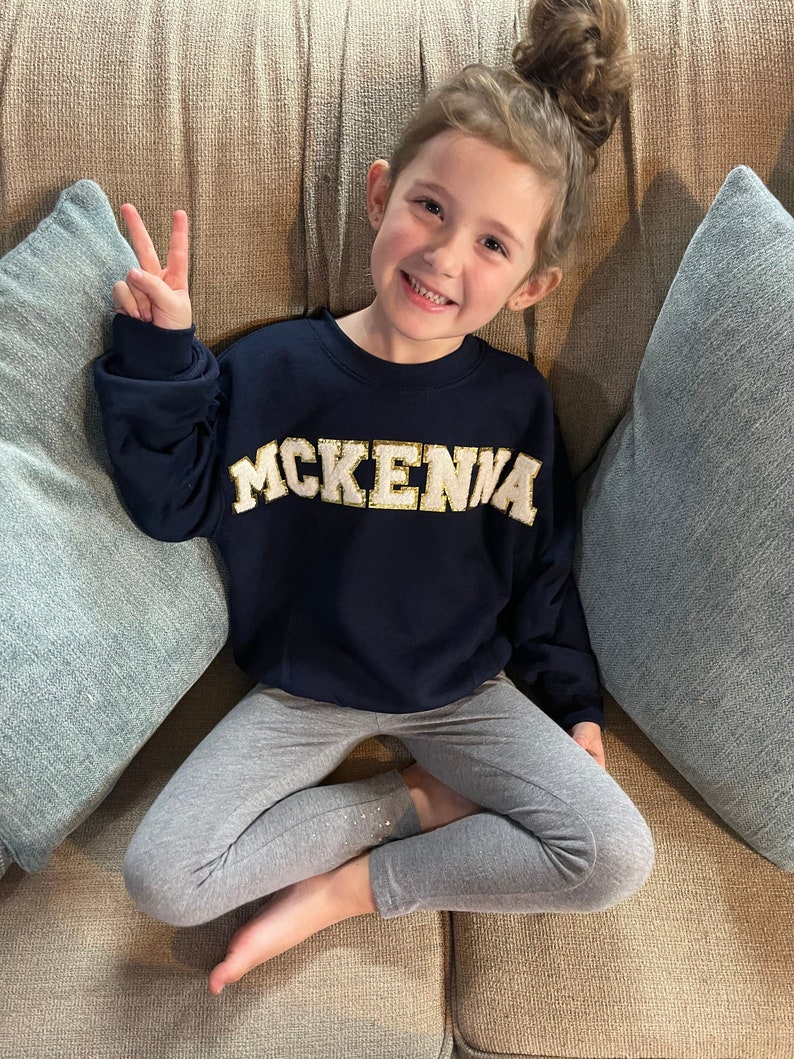 Chenille Patch Custom Name Summer Sweatshirt or T-Shirt, Sewed on Patch Crewneck, Fuzzy Patch Personalized Crewneck, Toddler, Child, Adult image 2