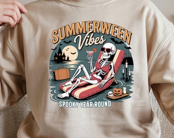 Summerween Vibes Sweatshirt, Spooky Halloween Crewneck, Girly Skeleton Tee