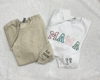 Custom Embroidered Sweatshirt for Mom, Wifey, Bride, Personalized Sleeve, Mama EST Crewneck, Custom Gift for Mom, New Mom Pullover
