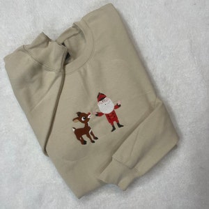 Embroidered Rudolph and Santa Christmas Sweatshirt, Holiday Crewneck