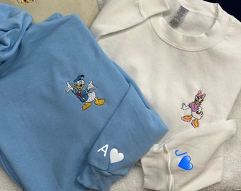 Embroidered Donald and Daisy Duck Matching Sweatshirts and Hoodies, Sleeve Embroidery Initials, Disney Family Vacation, Disneyworld Gift