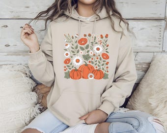 Fall Floral Pumpkin Hoodie, Cottagecore Halloween Sweatshirt