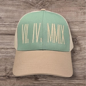 Custom Roman Numerals Date Embroidered Eco Trucker Cap, Couple Custom Gift, Wedding, Anniversary Date, Matching Gift with Custom Date