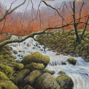 Oil painting. River bank