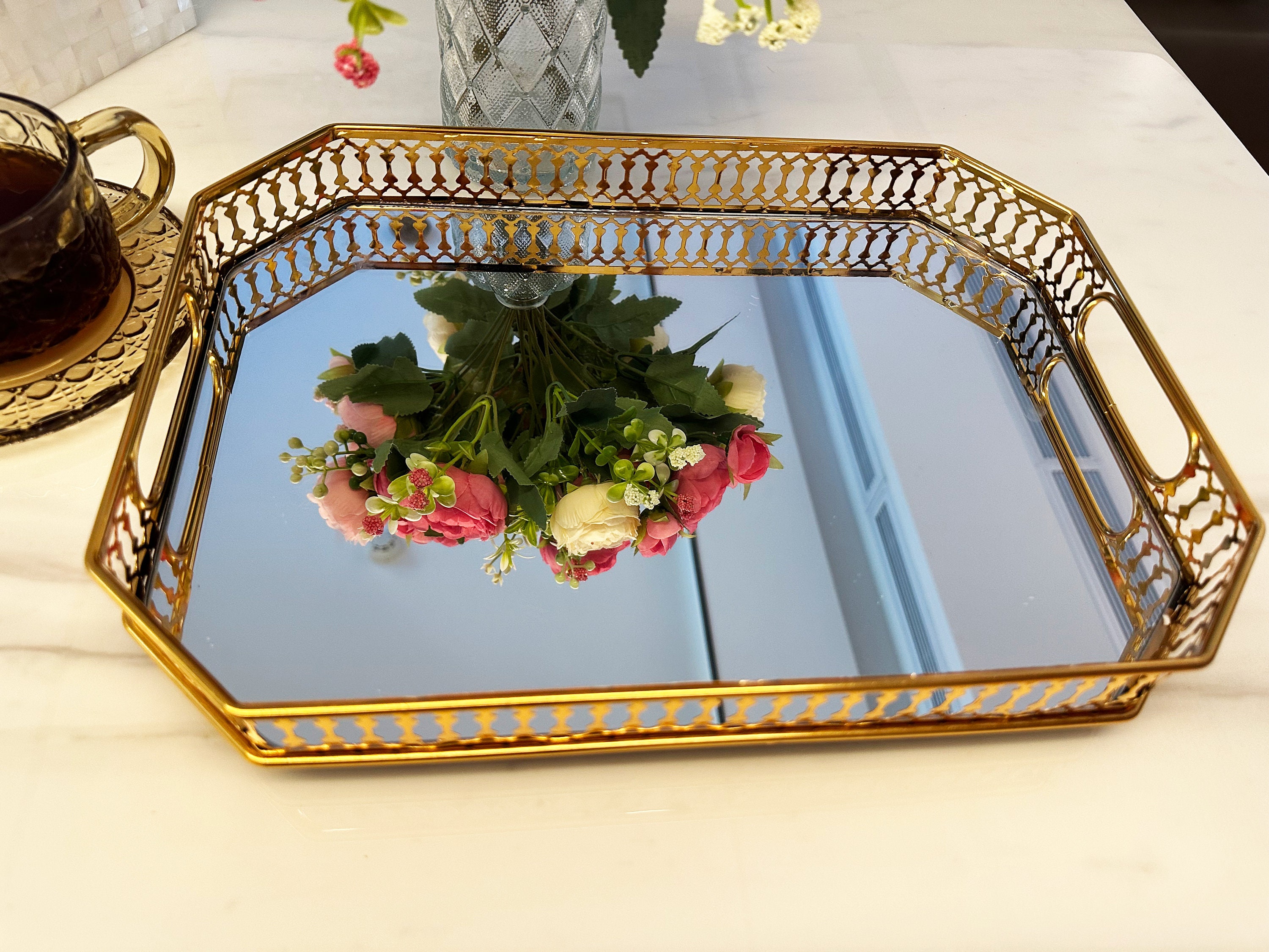 Gold Mirror Vanity Tray Gold Glass Decorative Vintage Metal Etsy