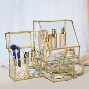 Gold Glass Makeup Organiser| Bathroom Cosmetic Organiser| Drawers Organiser Box| Jewellery Container |Cosmetic Beauty Storage | Storage Box