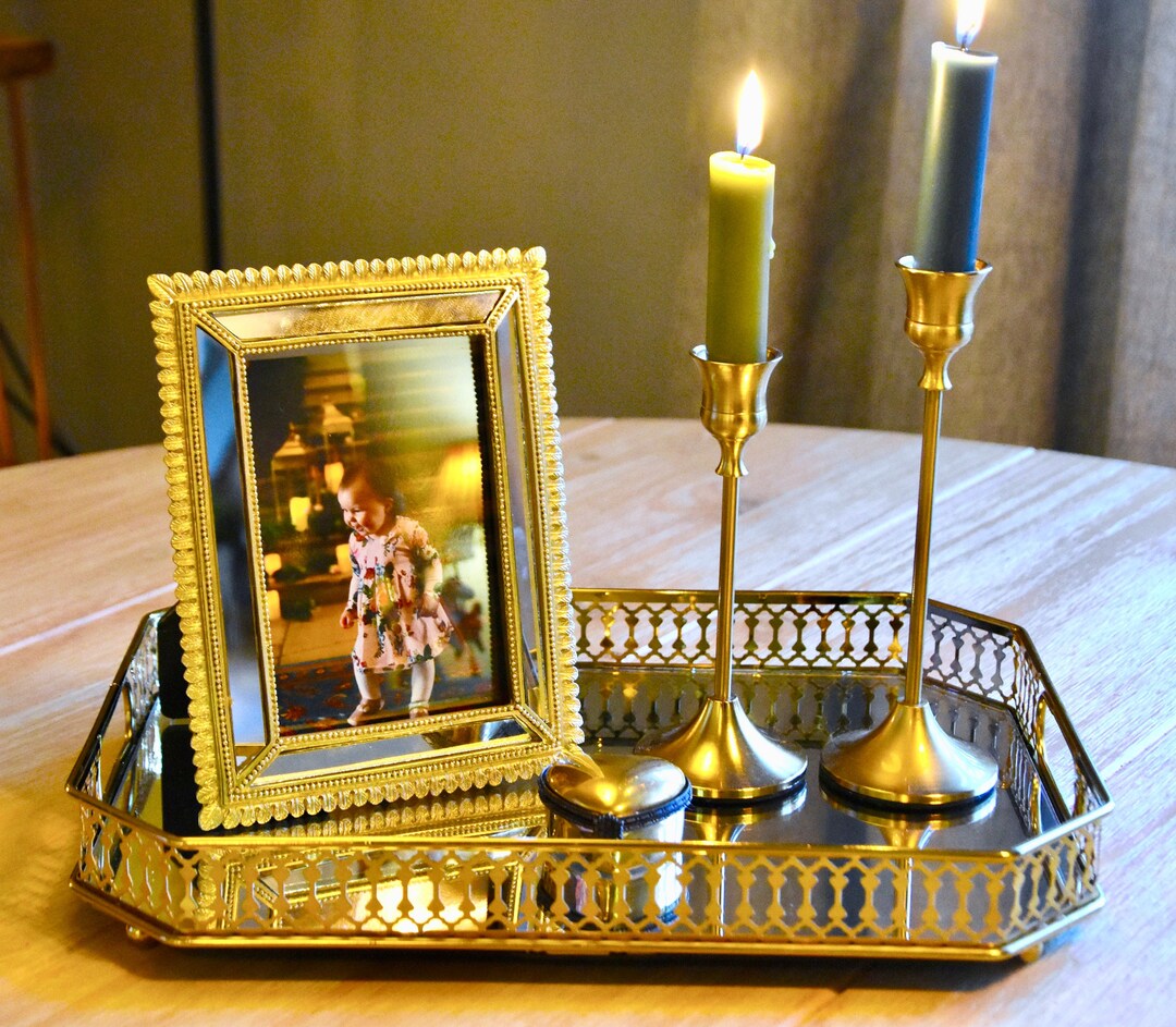 Gold Mirror Vanity Tray Gold Glass Decorative Vintage Metal Etsy