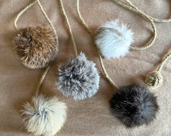 Rabbit Fur Ball with Rope Cat Toy, Natural Cat Toy, Cat Mom Gift