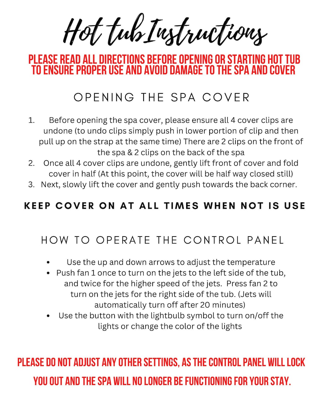 Hot Tub Instructions editable Template Etsy