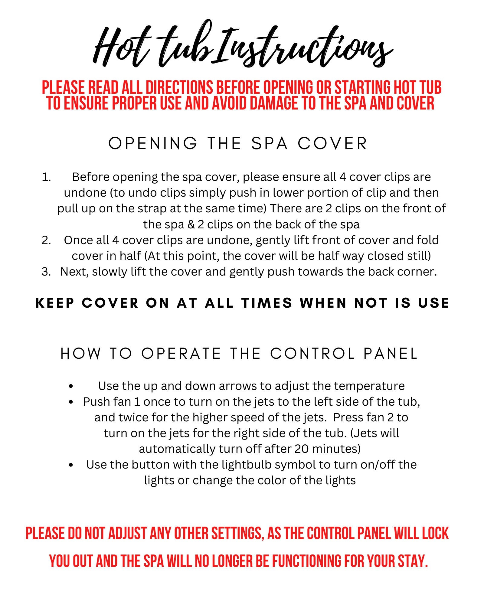 Hot Tub Instructions editable Template Etsy