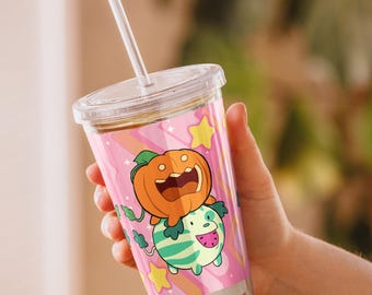 Pumpkin and Watermelon Tumbler - Cartoon Dog Tumbler - Pumpkin Tumbler with Straw