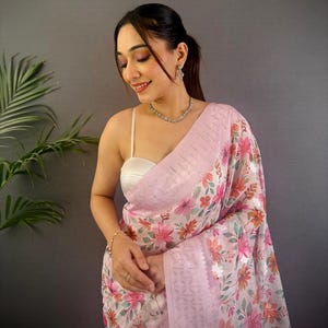 Pale Pink Tissue Silk Saree For Women With Floral Prints Design - Perfect For Celebrations And Partywear