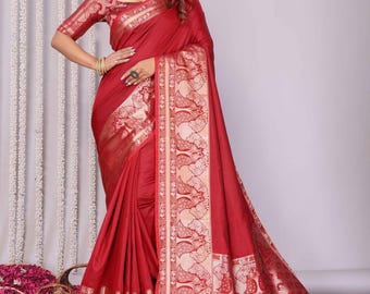 Red Kanjivaram Silk Saree, Triple Zari Woven Border, Geometrical Motifs