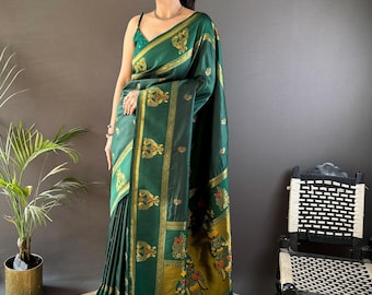 Banarasi Silk Saree, Meenakari Golden Zari, Peacock Border, Wedding Guest Gift