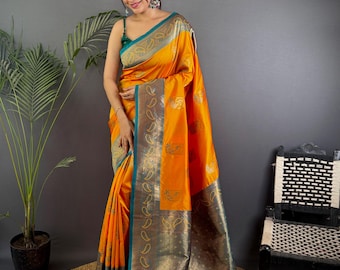 Kanjivaram Soft Silk Saree, Yellow Peacock Zari Design, Green Blouse Piece