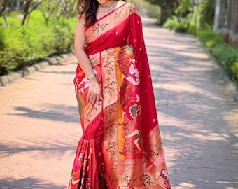 Sari de seda Kanjivaram rojo, Sari de borde tejido Meenakari Zari con blusa cosida,