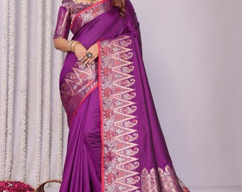 Deep Burgundy Banarasi Silk Saree, Zari Blouse, Wedding Party Wear