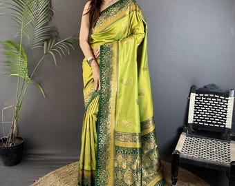Lime Yellow Kanjivaram Silk Saree, Green Border, Gold Zari Peacock Motifs (Wedding Sari)