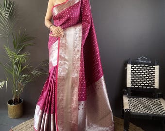 Pink Banarasi Silk Saree With Stitched Blouse, Personalized Wedding Gifts For Her, Festival Outfit