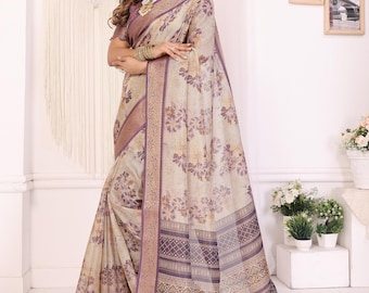 Floral Print Tissue Silk Saree, Gold Woven Border, Indian Wedding,