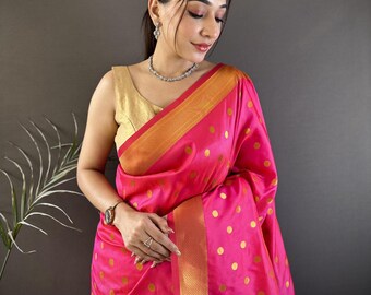 Kant-en-klare sari-blouse van zachte zijderoze kanjivaram, paithani-zijden sari, cadeau voor ouders