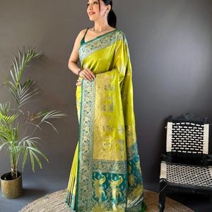 Lime Yellow Silk Paithani Saree: Zari Peacock Design, Stitched Blouse
