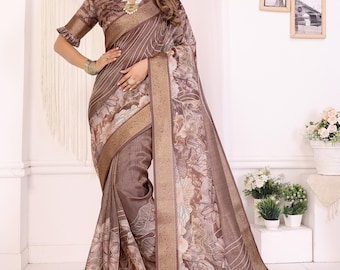 Sari van zijde met zari-weefsel, bruine sari met bloemenprint voor bruiloftsgasten.