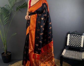 Black Paithani Silk Saree | Red Border, Peacock Pallu, Zari Weaving