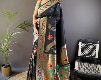 Black Paithani Silk Saree With Stitched Saree, Party Sari, Special Gifts For Her