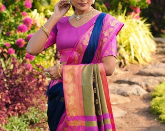 Marineblauwe zachte zijden kanjivaram sari-blouse, voorgestikte sari, jubileumcadeaus voor haar