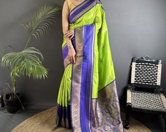 Parrot Green Kanjivaram Silk Saree | Kalamkari Design, Zari Woven (Ready to Wear)