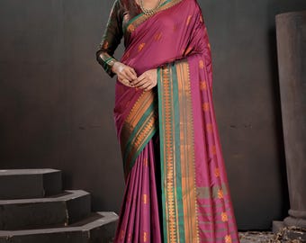 Burgundy Kanjivaram Silk Saree, Woven Zari Border, Floral Motifs (Ready to Wear)