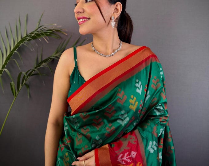 Featured listing image: Green Patola Silk Saree With Ikat Weaving Designer Pallu, Gift For Her, Festival Outfit