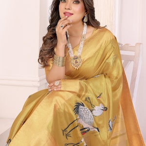 Woven Crane Bird Tissue Silk Saree: Gold Zari Border Indian Wedding Sari