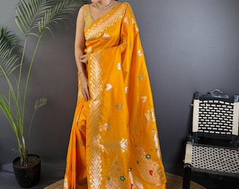 Yellow Banarasi Silk Saree, Zari Woven Wedding Sarisarees for women, trendy sarees