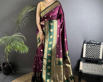 Burgundy Soft Silk Saree, Indian Festival Outfit, Indian Ethnic Wear Sari