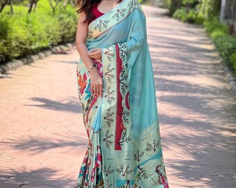 Paithani-stijl hemelsblauwe kanchipuram zachte zijden sari, Zuid-Indiase bruiloftssari, pensioencadeaus