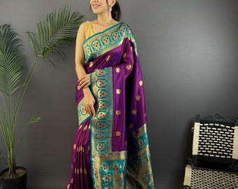 Lila Banarasi Seidensarie, Gold gewebter Rand, indische Hochzeit Sarikanchi Pattu, südindisch,