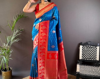 Royal Blue Banarasi Silk Saree voor dames, gouden zari-weefsel, contrasterende rand