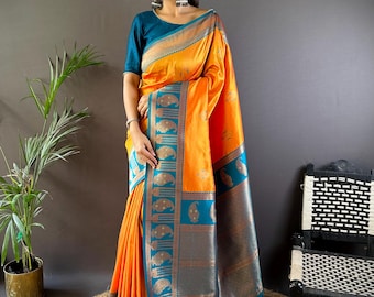 Golden Yellow Banarasi Silk Saree, Real Zari Weave, South Indian Wedding Wear