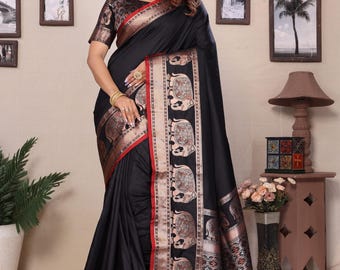 Black Kalamkari Silk Saree: Elephant Zari Border, Banarasi Wedding Sari