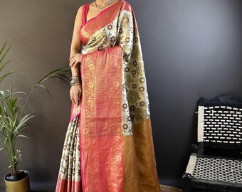 Gebroken witte kanjivaram zijden sari | Roze contrasterende rand, volledig geweven bloemendessin | Designer Saree