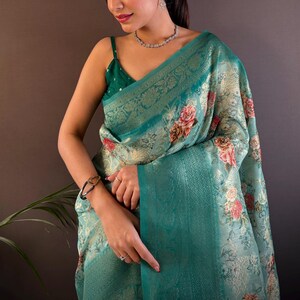 Blue Floral Banarasi Silk Saree: Digital Print, Stitched Blouse