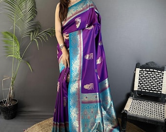 Paarse kanjivaram zijden sari met contrasterende groenblauwe blauwe rand, bruiloftssari, cadeau voor haar
