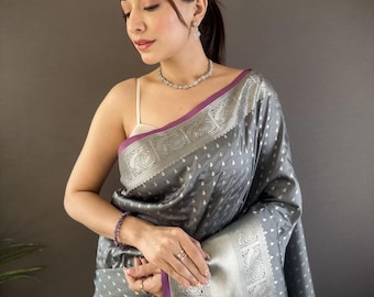 Banarasi Soft Silk Grey Saree With Stitched Blouse, Contrast Border, Gift For Her